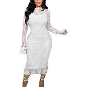 Floral Lace Two Piece Dress Set Women Long Sleeve Mesh Party Casual